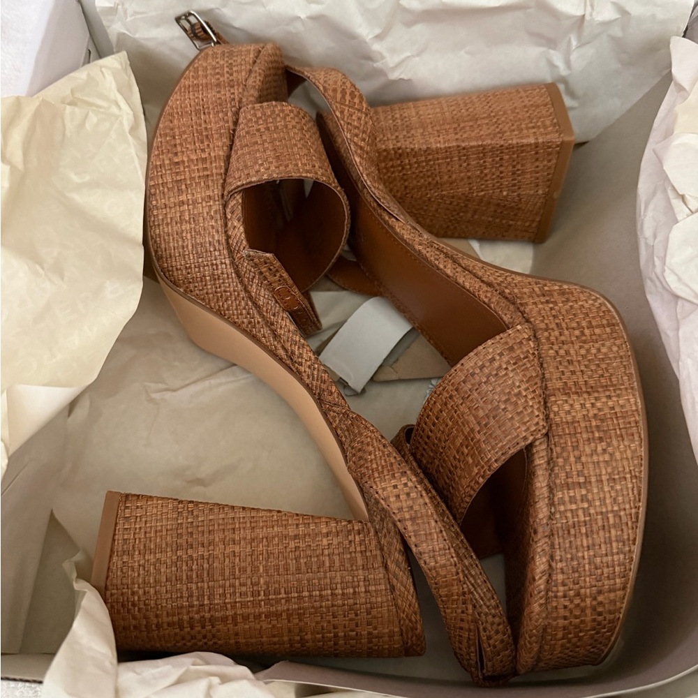 Marc Fisher Tan Woven Platform Block Heel Sandals